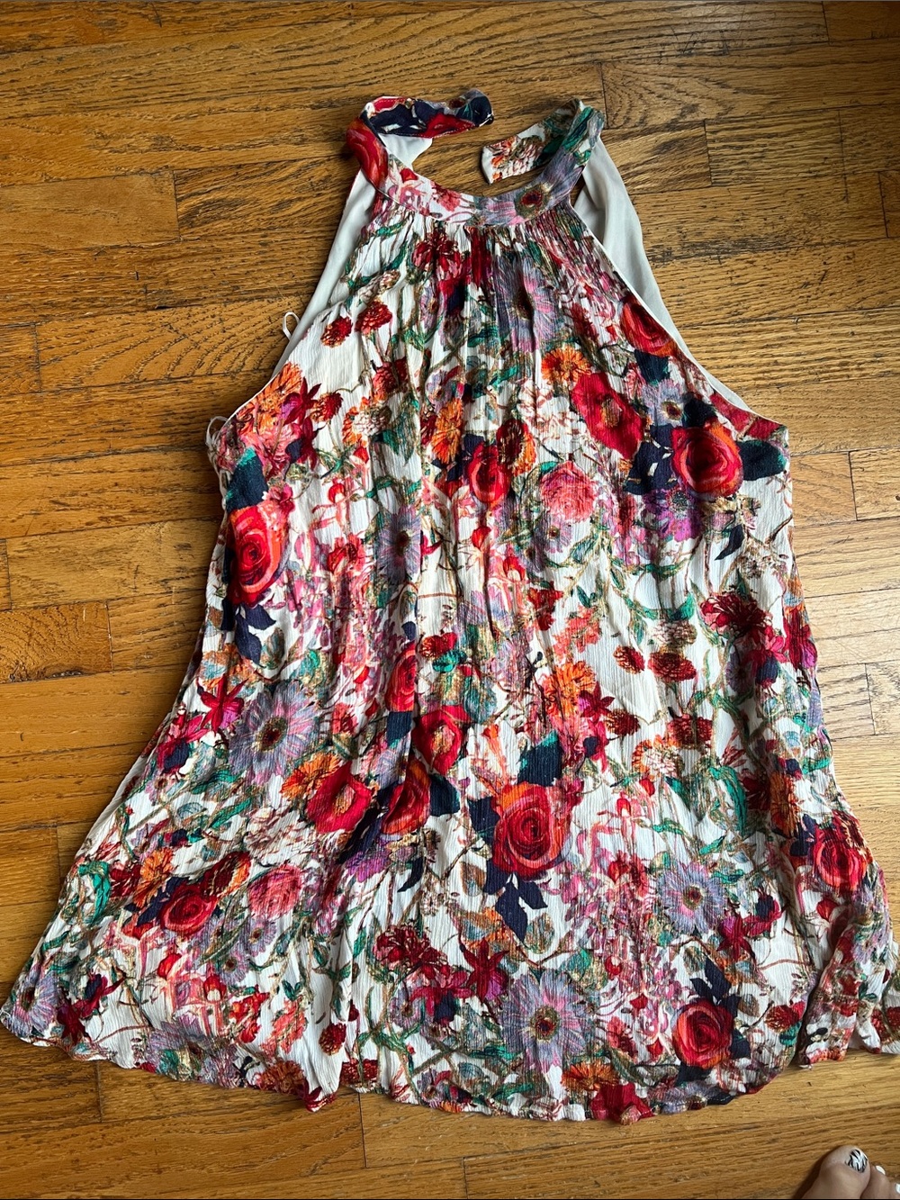 entro Floral Halter Camisole - Red, Green, Navy on Cream